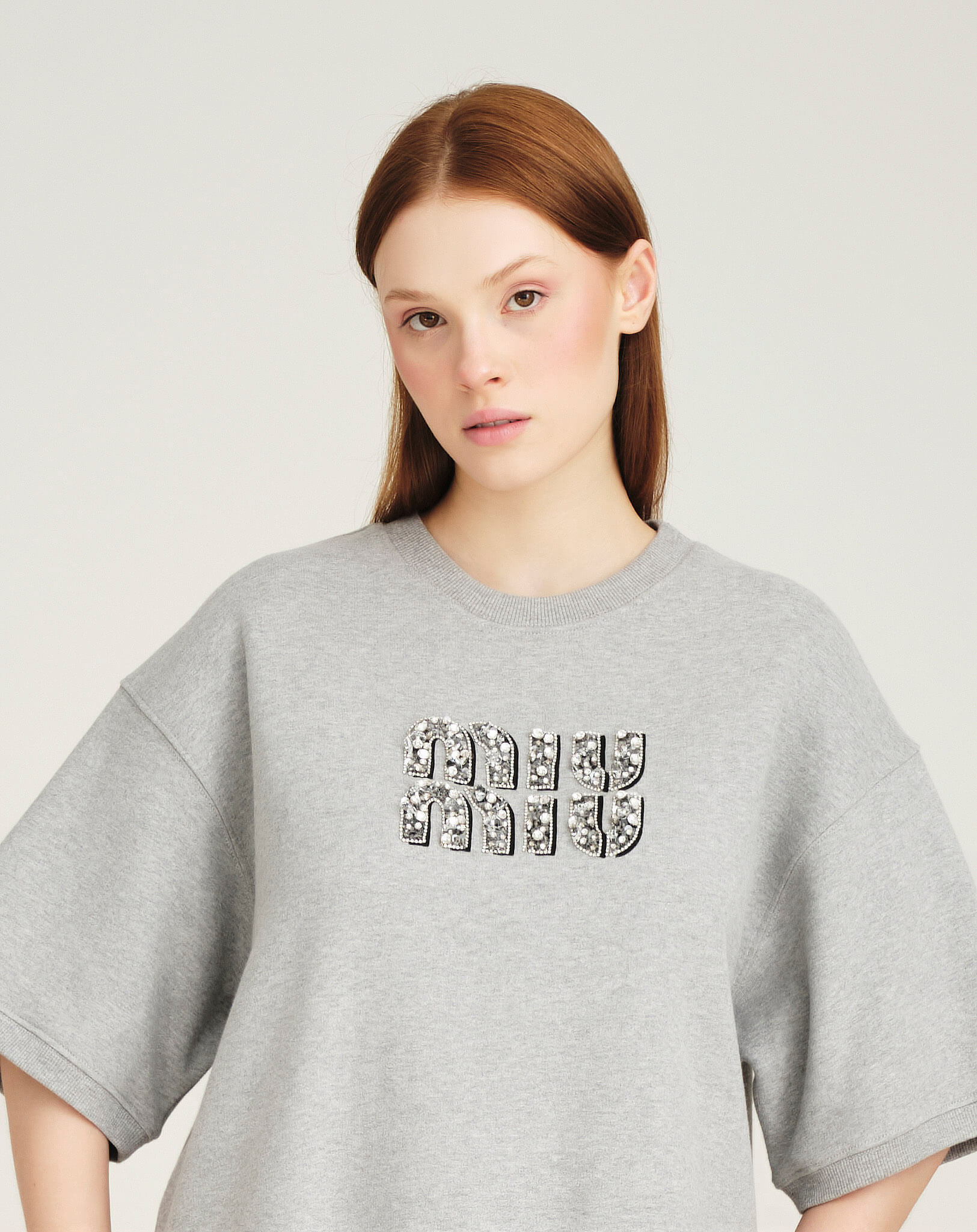 Miu Miu -Crystal Embellished Short Sleeve Cotton Fleece Sweatshirt M